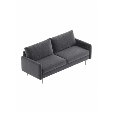 A contemporary two-seater sofa featuring a clean-lined silhouette, track arms, and plush, removable seat and back cushions. It is upholstered in a dark grey fabric, possibly velvet or a similar soft textile, and supported by slender, tapered metallic legs with a gold or brass finish, adding a touch of elegance. — 3D model (AI enhanced source)
