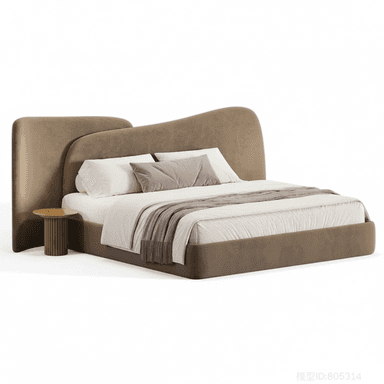 A contemporary platform bed featuring a distinctive organically shaped headboard and a fully upholstered frame, presented in a neutral taupe fabric. — 3D model (AI enhanced source)