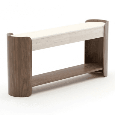 A modern and minimalist bench featuring a dark wood frame with rounded, curved ends, supporting a light-colored travertine top and a matching lower wooden shelf. The design emphasizes natural materials and clean lines. — 3D model (AI enhanced source)