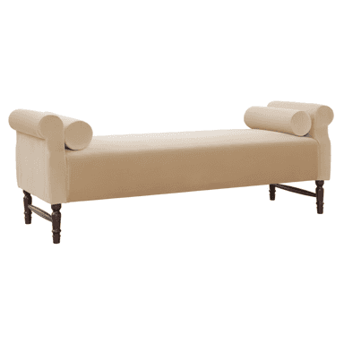 A long, upholstered daybed featuring rolled armrests at both ends, a flat seating surface, and four turned wooden legs in a dark finish. The upholstery is a smooth, light beige or tan velvet-like fabric. — 3D model (AI enhanced source)