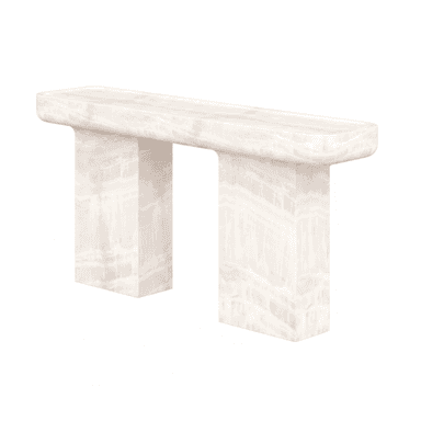 A console table with a monolithic design, featuring a thick rectangular top supported by two substantial, rectangular legs. The material exhibits a translucent, veined pattern characteristic of natural stone. — 3D model (AI enhanced source)