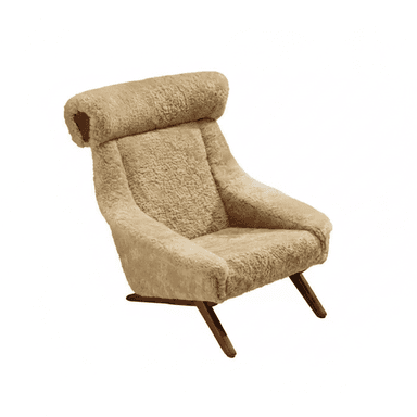A high-back lounge chair upholstered entirely in a textured, light beige sheepskin or boucle fabric. The chair features a reclined seating posture with a distinct rolled headrest and integrated arms that flow seamlessly from the backrest. It is supported by four short, angled, dark-stained wooden legs, giving it a low profile and a comfortable, relaxed stance. The design suggests a mid-century or Scandinavian aesthetic. — 3D model (AI enhanced source)