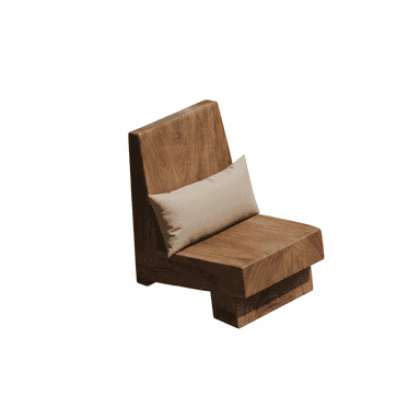 A modern armchair with a solid, blocky construction. It features a low profile with a thick seat and a reclined backrest. A rectangular lumbar pillow is placed against the backrest. The overall design is minimalist and appears to be crafted from solid wood. — 3D model (AI enhanced source)