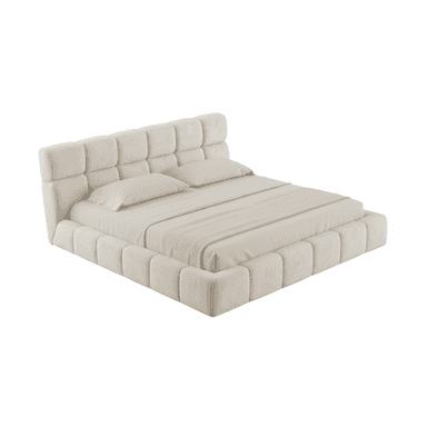 A contemporary upholstered platform bed featuring a distinctive grid-tufted headboard and frame in a soft, light-colored fabric. The low-profile design includes a mattress and bedding in coordinating neutral tones. — 3D model (AI enhanced source)