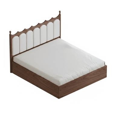 A modern bed featuring a dark wood frame and a distinctive headboard with a scalloped top edge. The headboard is composed of vertical, arched upholstered panels in an off-white color, set within the dark wooden frame. Small decorative finials adorn the top corners of the headboard posts. The bed includes a mattress, also in off-white, and appears to be a digital rendering in pristine condition. — 3D model (AI enhanced source)