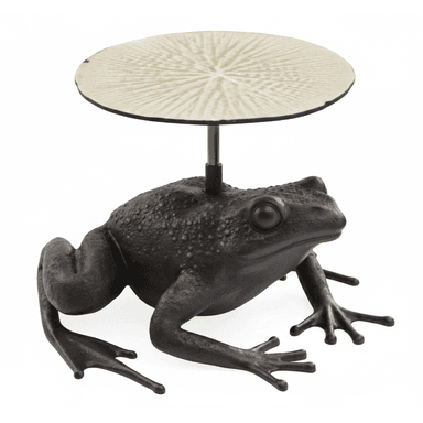 A unique sculptural side table featuring a dark, textured cast metal frog as its base, supporting a round, light-colored tabletop with a radiating pattern, connected by a brass-toned rod. — 3D model (AI enhanced source)