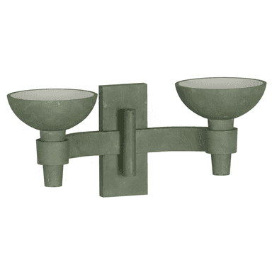 A double-headed sconce designed for wall mounting. It features two outward-facing, bowl-shaped light fixtures attached to a central rectangular backplate via a horizontal arm. The overall construction appears to be made of a textured, possibly metal or composite material with a matte green finish. — 3D model (AI enhanced source)