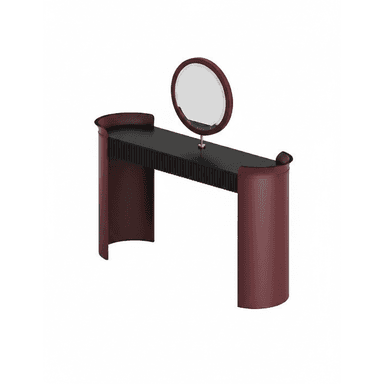 A modern vanity desk featuring a sleek, elongated oval tabletop in black, supported by two dramatic U-shaped legs finished in a dark red/burgundy lacquer. An integrated oval mirror with a matching burgundy frame is mounted on a small gold-toned stand at the center of the tabletop. The front panel beneath the tabletop features a fluted or ribbed texture, providing a distinct decorative detail. The overall design emphasizes smooth curves and a refined, contemporary aesthetic. — 3D model (AI enhanced source)
