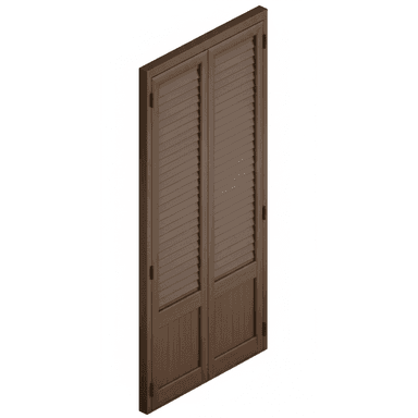 A pair of wooden louvred doors with a rich brown finish. Each door is divided into two sections: the upper section features adjustable louvers, and the lower section has a paneled design with vertical planks. The doors are hinged together and appear to be designed for indoor or outdoor use, possibly as closet doors or shutters. — 3D model (AI enhanced source)