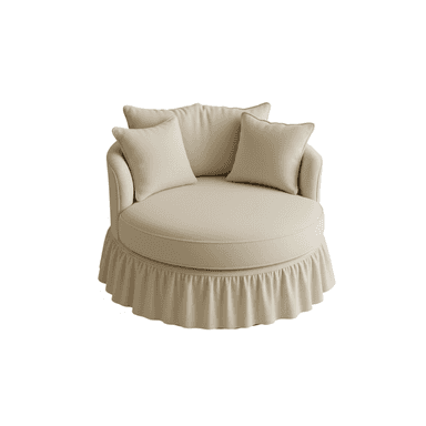 A round, generously proportioned upholstered lounge chair featuring a soft, neutral-toned fabric. The chair has a deep, circular seat cushion and is accompanied by multiple plush back cushions. Its base is fully covered by a tailored, pleated skirt, suggesting a swivel mechanism beneath. The overall design emphasizes comfort and a relaxed aesthetic. — 3D model (AI enhanced source)
