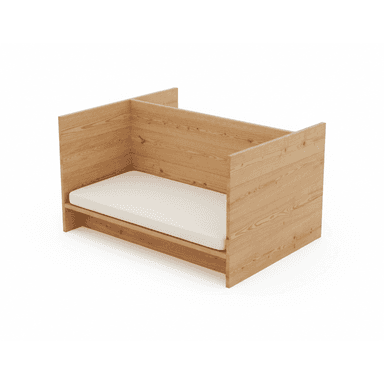 A minimalist bed frame crafted from light-toned wood, featuring high, solid panel sides and a lower footboard and headboard. It includes a simple white mattress, and the overall design suggests a toddler or child's bed with a low profile. — 3D model (AI enhanced source)