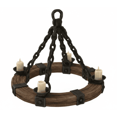 A rustic chandelier designed to resemble a medieval or gothic style. It features a circular wooden base with metal bindings and candle holders. Heavy, dark metal chains suspend the wooden ring from a central loop. The design incorporates several candle holders, each holding a single artificial or real candle. — 3D model (AI enhanced source)