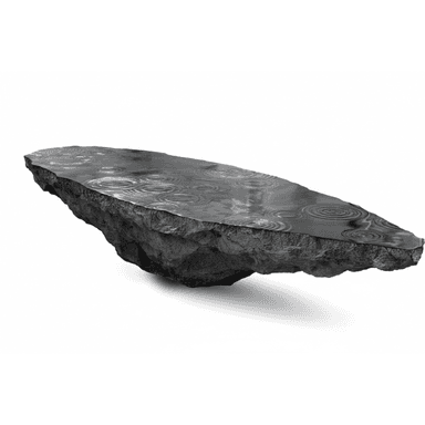 A unique coffee table designed to resemble a floating rock formation with a dark, textured surface, possibly slate or a similar stone, topped with a reflective, water-like surface exhibiting ripple patterns. The underside of the rock shows rough, unworked geological features. The overall aesthetic suggests a naturalistic and artistic design. — 3D model (AI enhanced source)