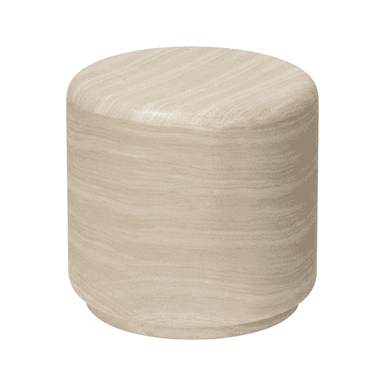 A cylindrical side table crafted entirely from natural travertine stone, showcasing its characteristic porous texture and layered veining in light beige and cream tones. The design features a flat, circular top and a slightly recessed circular base, creating a solid, monolithic appearance. — 3D model (AI enhanced source)