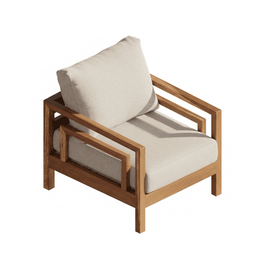 A contemporary armchair featuring a robust, rectilinear wooden frame in a natural finish, complemented by plush, light-beige fabric cushions for the seat and backrest. The design is clean and minimalist, highlighting the natural grain of the wood. — 3D model (AI enhanced source)