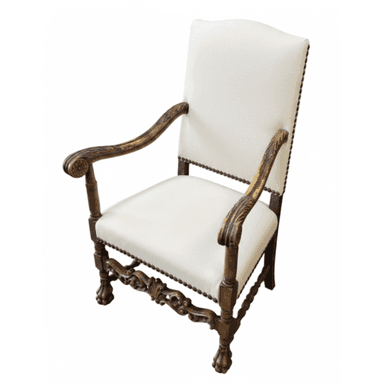 An ornate, antique-style armchair featuring dark carved wood and cream-colored upholstered seat and back. The wooden frame includes elaborate scrollwork on the arms, apron, and stretchers, as well as distinct claw feet. The upholstery is secured with decorative nailhead trim along the edges of the seat and high back. — 3D model (AI enhanced source)