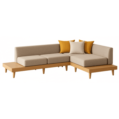 An L-shaped modular sectional sofa featuring a light-toned wooden platform base with tapered legs, topped with thick, upholstered cushions in a beige fabric. The sofa consists of multiple components arranged to form a corner unit, including a section with an extended wooden surface that functions as an integrated side table. Three throw pillows, two yellow and one off-white, are placed on the corner seating area. — 3D model (AI enhanced source)