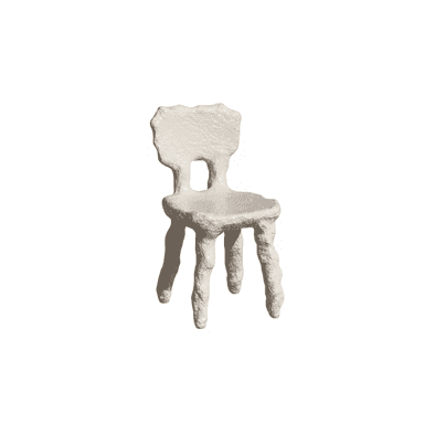 A sculptural, off-white chair with an organic, uneven texture and blob-like legs and backrest. It features an irregular outline and a small rectangular cutout in the lower part of the backrest. — 3D model (AI enhanced source)