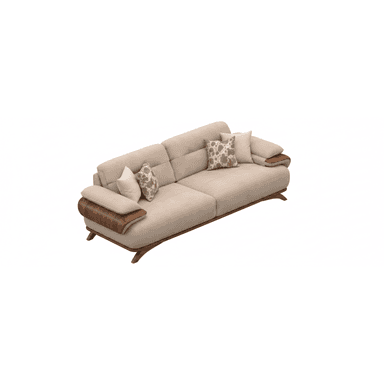 A contemporary upholstered sofa in a neutral beige fabric, featuring distinctive integrated wooden armrests and a matching curved wooden base, accompanied by decorative throw pillows. — 3D model (AI enhanced source)