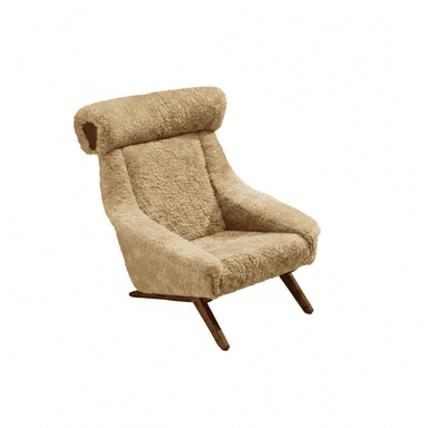 A comfortable, high-backed lounge chair upholstered in a light-colored, textured sheepskin-like fabric, resting on a dark wooden base with splayed legs. — 3D model (AI enhanced source)