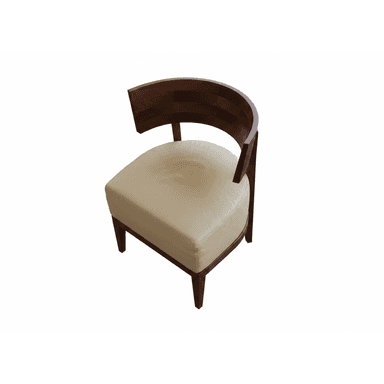 A contemporary dining chair featuring a dark-stained wooden frame and a light-colored upholstered seat. The backrest is distinctively curved, forming a continuous line that suggests integrated arm support. The four legs are straight and slightly tapered, supporting a cushioned, square-shaped seat. The chair is presented against a plain white background, highlighting its form and materials. — 3D model (AI enhanced source)