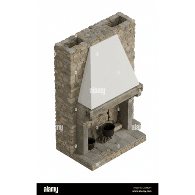 A high-resolution 3D render depicts a rustic stone fireplace with a prominent white plaster chimney hood. The fireplace features a substantial stacked stone surround with varying sizes and colors of natural stones, forming both the vertical structure and the integrated hearth. A heavy timber mantel shelf rests above the firebox opening, which is equipped with basic fire tools including a hanging pot and kindling. The overall design suggests a traditional or rural aesthetic. — 3D model (AI enhanced source)