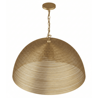 A dome-shaped pendant light featuring a textured gold finish, suspended by a chain from a circular ceiling canopy. The shade is constructed from numerous concentric rings, creating a ribbed or woven visual effect across its surface. The metallic finish provides a luminous quality, and the overall design is sleek and modern. — 3D model (AI enhanced source)