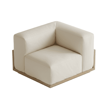 A modern modular corner armchair with a light cream upholstered finish and a visible natural wood base, designed to integrate into a larger sectional sofa. — 3D model (AI enhanced source)