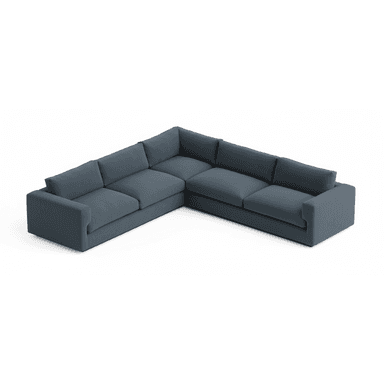 An L-shaped sectional sofa upholstered in a dark blue or slate-colored fabric. The sofa features a low profile, wide block arms, and loose back cushions, indicative of a contemporary minimalist design. It is composed of multiple modular sections that create a right-hand facing L-configuration, providing ample seating. — 3D model (AI enhanced source)