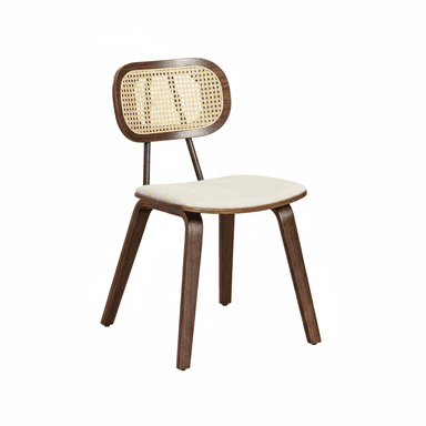 A contemporary dining chair featuring a dark bentwood frame, a rounded backrest with a natural woven cane panel, and a padded upholstered seat in a light beige fabric. The backrest is supported by black metal rods, and the chair stands on four splayed bentwood legs. — 3D model (AI enhanced source)