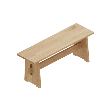 A minimalist solid oak wood bench featuring a thick rectangular seat and two sturdy plank legs connected by a horizontal stretcher. The joinery includes exposed through tenons on the legs, showcasing a craft-inspired detail. The natural light brown wood grain is visible throughout the piece, emphasizing its material purity and clean lines. — 3D model (AI enhanced source)