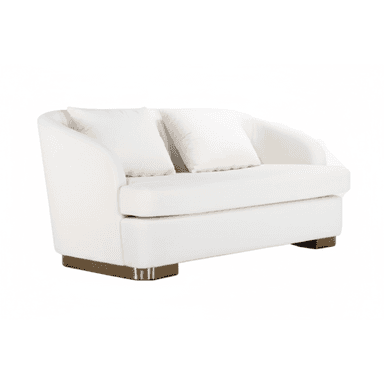 A contemporary loveseat featuring plush white or cream fabric upholstery and a distinctive brass-toned plinth base. The design incorporates gently curved arms and backrest, offering a soft, inviting aesthetic. It is equipped with two seat cushions and two matching back pillows, providing comfortable seating for two individuals. The overall form factor is compact and refined. — 3D model (AI enhanced source)