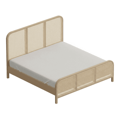 A modern platform bed frame featuring a light-toned wooden structure with cane webbing inserts on both the headboard and footboard. The design incorporates gently rounded edges for a soft, contemporary aesthetic. A plain white mattress is visible on the platform. — 3D model (AI enhanced source)