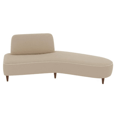 A modern asymmetrical chaise lounge upholstered in a light beige fabric with contrasting white piping, supported by tapered wooden legs. — 3D model (AI enhanced source)