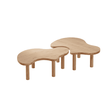 A set of two light-toned wooden tables with organic, irregular-shaped tops and thick cylindrical legs, designed to be used together as a cohesive unit. — 3D model (AI enhanced source)