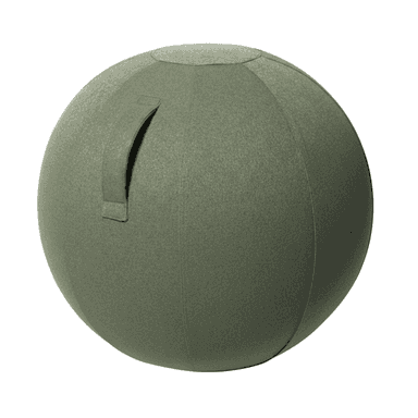 An olive-green fabric-covered stability ball designed for active sitting, featuring tailored seams and an integrated handle. — 3D model (AI enhanced source)