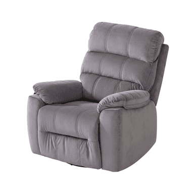 A contemporary grey recliner chair, upholstered in a soft, plush velvet-like fabric. It features heavily padded, segmented cushions on the backrest and seat, and generously padded rolled armrests, all contributing to a comfortable and inviting aesthetic. The chair is designed for relaxation, typically allowing for a reclining backrest and an extending footrest. — 3D model (AI enhanced source)