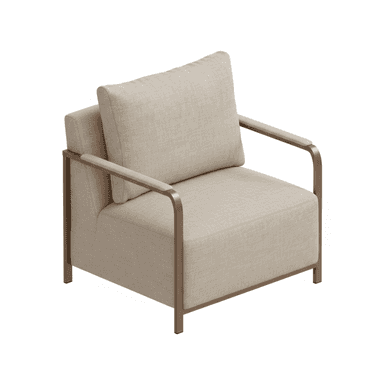 A modern armchair featuring a sleek, exposed metal frame and generously upholstered cushions. The frame has a metallic finish, likely bronze or champagne, forming the arms, legs, and back support. The seat and back cushions are covered in a light beige or off-white textured fabric, providing a clean and minimalist aesthetic. — 3D model (AI enhanced source)