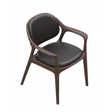 A contemporary armchair crafted from dark walnut wood, featuring a curved frame with integrated armrests and upholstered in black leather for both the seat and backrest. — 3D model (AI enhanced source)