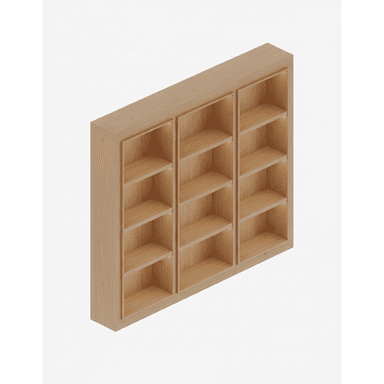A modern, modular bookshelf unit featuring three vertical sections, each with multiple horizontal shelves. The unit is constructed from light-colored wood, possibly oak, with a smooth, natural finish. Integrated LED strip lighting is discreetly placed along the internal vertical dividers, illuminating each shelf compartment. The design is clean, minimalist, and functional, suitable for contemporary interiors. — 3D model (AI enhanced source)