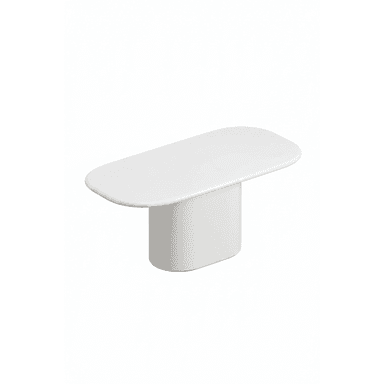A white minimalist coffee table with a capsule-shaped tabletop and a central, pill-shaped pedestal base. The design is monolithic, featuring smooth, rounded edges and a seamless finish, suggesting a contemporary aesthetic. — 3D model (AI enhanced source)