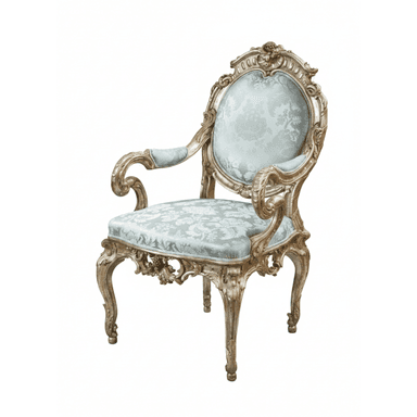 An ornate armchair with a carved wooden frame and upholstered seat and back. The frame features elaborate scrollwork and floral motifs, finished in a distressed gold or silver leaf effect. The upholstery is a light blue fabric with a damask pattern. The chair has cabriole legs and curved arms. — 3D model (AI enhanced source)
