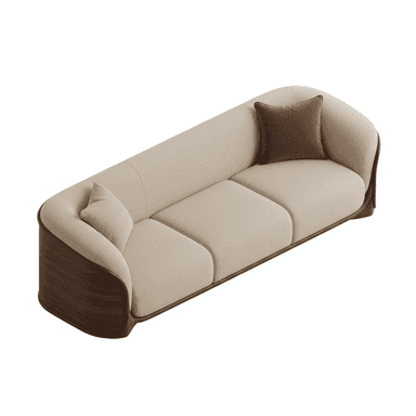 A contemporary three-seater sofa featuring a light-colored fabric upholstery on the seat, backrest, and integrated armrests. The entire upholstered form is embraced by a prominent, curved dark wood frame that wraps around the base, sides, and partially the back. The sofa includes three distinct seat cushions and two matching accent pillows. — 3D model (AI enhanced source)