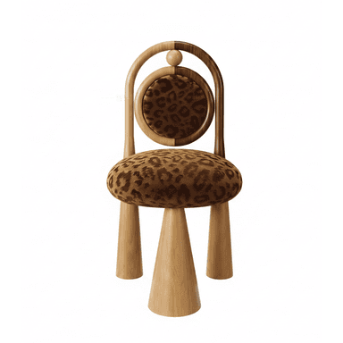 A contemporary accent chair featuring a light wood frame, a round padded backrest, and a matching round padded seat, both upholstered in a distinctive brown leopard print fabric. The chair is supported by three thick, conical tapered legs made of the same light wood, with a unique curved back frame that forms a partial arch around the circular backrest, culminating in a small spherical detail at the top center. — 3D model (AI enhanced source)