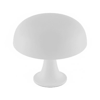 A matte white table lamp with a mushroom-shaped design. The lamp features a domed shade supported by a flared, stem-like base that widens into a circular foot. The overall form is smooth and rounded. — 3D model (AI enhanced source)