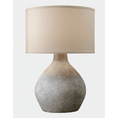 A contemporary table lamp featuring a distinctive gourd-shaped ceramic base with a textured, matte finish that displays a subtle grey-to-brown gradient. The base transitions smoothly into a narrow neck supporting a classic drum-shaped lampshade made of light beige or cream-colored fabric. The overall aesthetic is one of understated organic elegance, suitable for various interior styles. — 3D model (AI enhanced source)