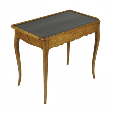 An antique or vintage Louis XV style writing table featuring a rectangular top inset with dark leather, a single small drawer with a brass pull, and elegant cabriole legs. The apron below the tabletop is subtly scalloped, adding to its decorative appeal. The wood has a warm, light brown tone with visible grain. — 3D model (AI enhanced source)
