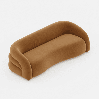 A contemporary sofa featuring a continuous, curved silhouette with integrated armrests and backrest, upholstered in a soft, camel-colored fabric. The design is fluid and sculptural, with a slightly undulating seat and no visible seams or distinct cushions, creating a seamless and inviting aesthetic. — 3D model (AI enhanced source)