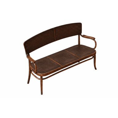 A dark brown wooden three-seater settee or bench featuring a curved bentwood frame and integrated armrests. The backrest and seat panels are adorned with ornate carved or embossed floral and scrollwork patterns, characteristic of the Art Nouveau style. — 3D model (AI enhanced source)