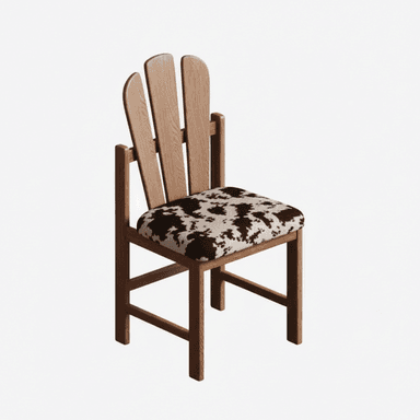 A wooden chair with a slatted backrest and a patterned upholstered seat. The backrest consists of three vertical, slightly curved wooden slats. The seat is padded and covered in a fabric with a black and white cowhide pattern. The chair has a simple wooden frame with four legs and cross supports connecting the legs. — 3D model (AI enhanced source)